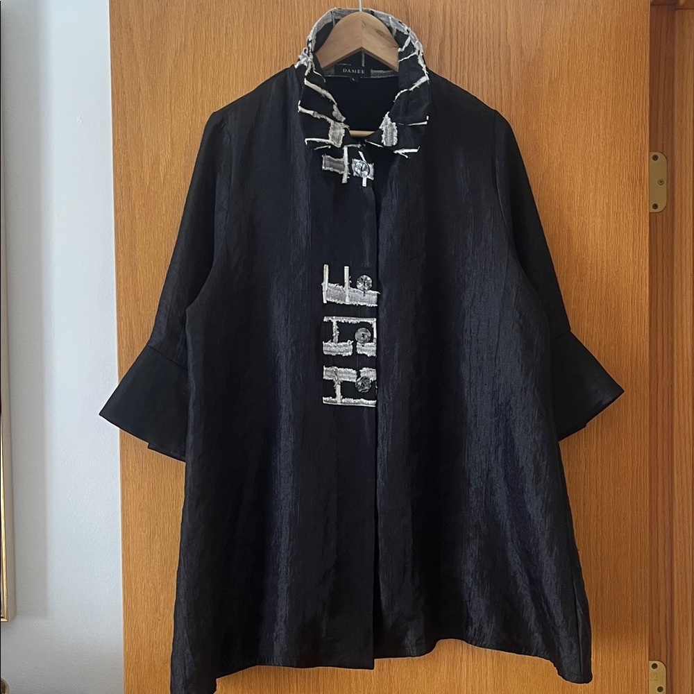 INC International Concepts Black Tunic Jacket with Ivory Trim